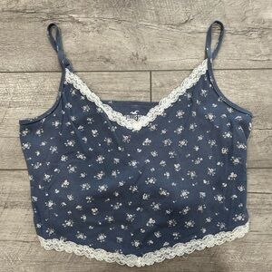 Blue Floral Lace Trim Cami Top